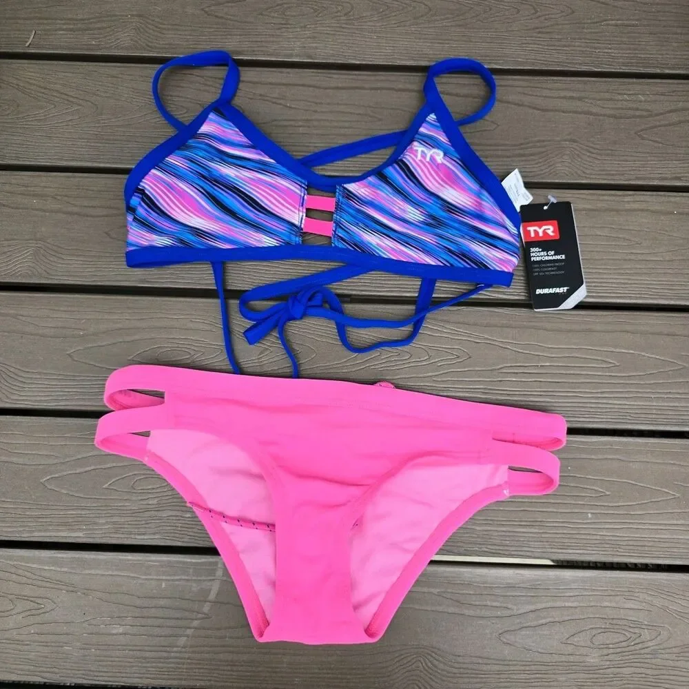 TYR Women's Pink/purple Adrift Tieback Top & Cove Bikini Bottom S New No Tag